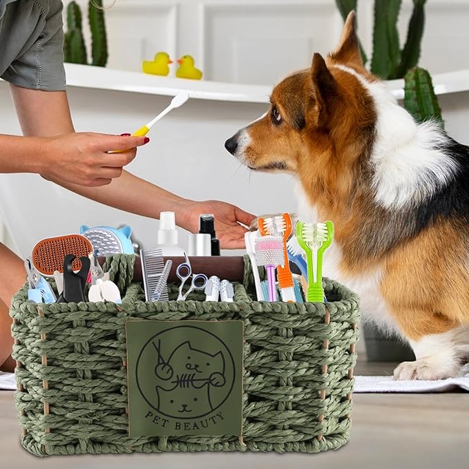 Dog Grooming Organizer,5 Compartments Caddy for Dog Cat Supplies,Handwoven Paper Rope Organizer with Handle,Ideal for Pet Shampoo,Trimmer,Clipper,Combo,Brush-Green