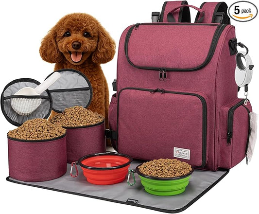 Modoker Dog Travel Bag Backpack, Airline Approved Pet Accessories Organizer for Dog and Cat with Shoulder Strap, 2 Dog Food Storage Containers, 2 Collapsible Dog Bowls,1 Pet Mat, Rose Red
