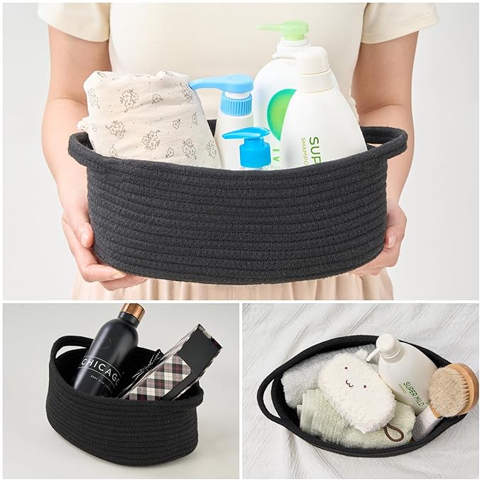 Small Woven Gift Basket Empty with Bag & Ribbon - Gifts for Mom, Baby Shower, Birthdays & Raffle - Cotton Rope Storage Basket for Dog Toys or Shelf - 12"x8"x5", Black, 2 Packs