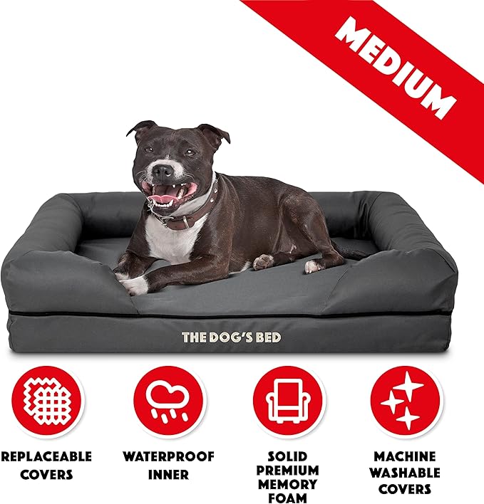 The Dog’s Bed Medium Oxford Grey, Memory Foam, Pain Relief: Arthritis, Hip & Elbow Dysplasia, Post Surgery, Lameness, Supportive, Calming, Waterproof Washable Cover