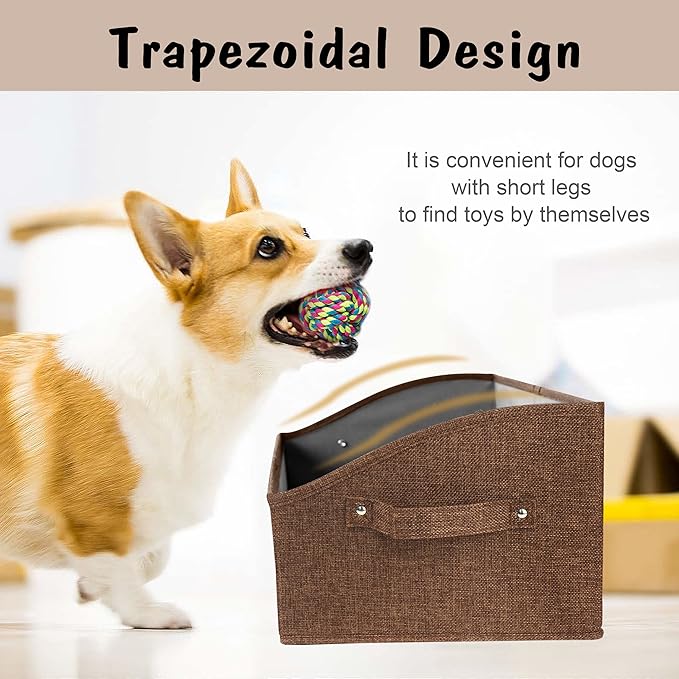 PET ARTIST Sturdy Collapsible Dog Organization and Storage Basket Accessible,Cute Dog Toy Storage with Handles,Dog Toy Box Bin Large for Chew Toys,Clothes,Squeak Toys,Brown