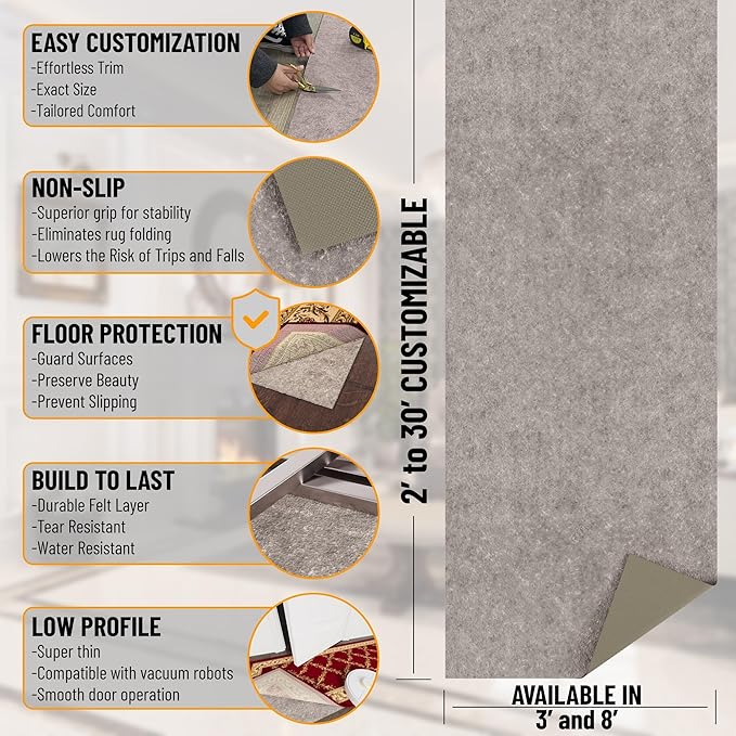 Ottomanson 3' x 10' Non-Slip Rug Pad Gripper 1/4 Inch Thick Dual Surface Felt + Rubber Gripper - Safe for All Floors, Brown