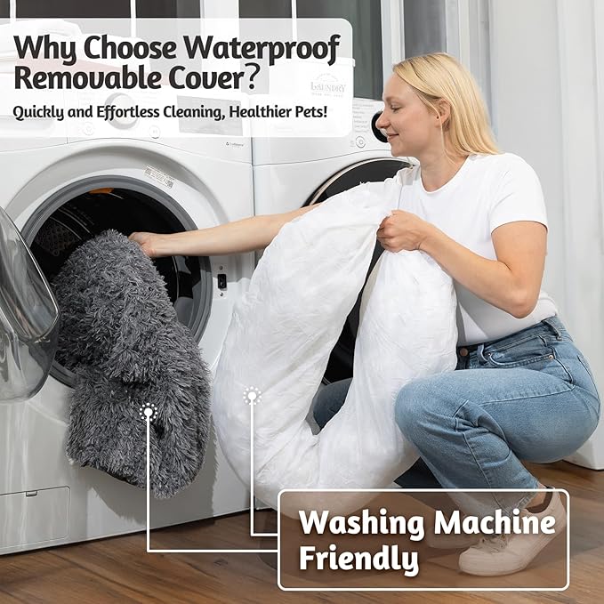 OhGeni Calming Donut Cat Bed Pillow for Small Pets, Machine Washable Removable Cover, Comfort Plush Fluffy Faux Fur with Anti-Slip Bottom, Dogs-Friendly Round Cuddly Design, Gray, 20 inches