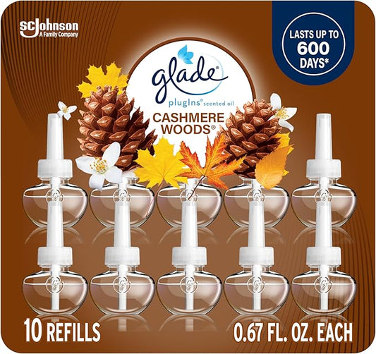 Glade PlugIns Refills Air Freshener, Scented and Essential Oils for Home and Bathroom, Cashmere Woods, 6.7 Fl Oz, 10 Count (Packaging May Vary)