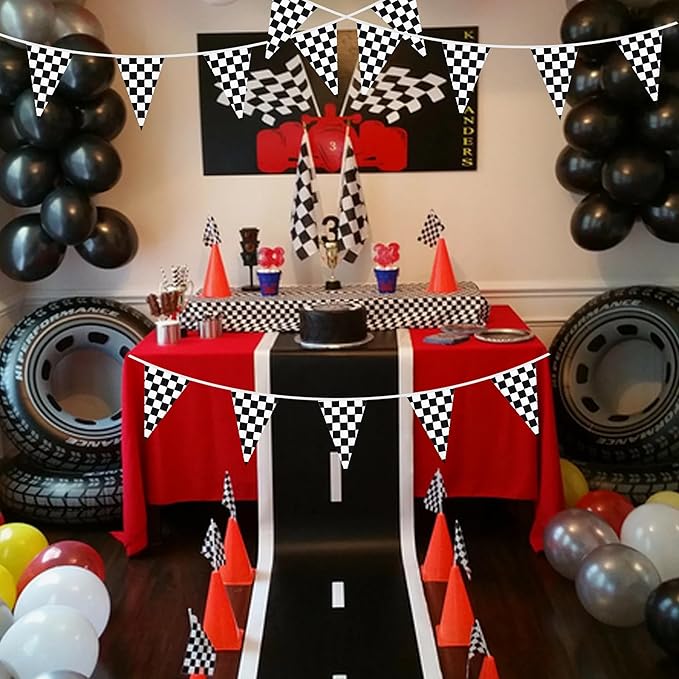 BEISHIDA 100ft 48pcs Black white Checkered Racing Pennant Flags Banner,Reusable Bunting String Triangle Flags,Race Car Theme Party Decoration,Kids Birthday,Indoor and Outdoor Events