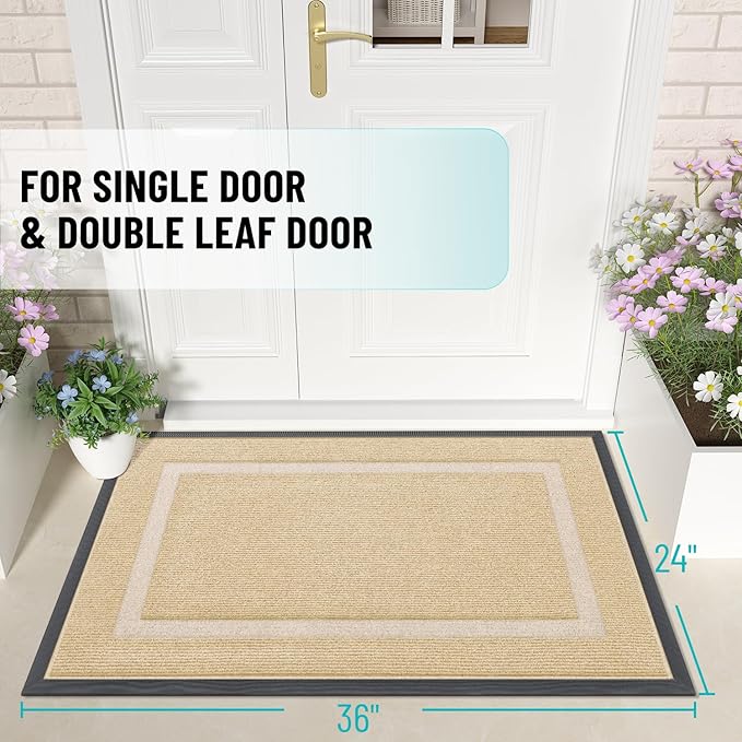 OLANLY Front Door Mat Indoor Outdoor Entrance, Waterproof All-Season, All-Weather Doormat, Sturdy Natural Rubber, Fade Resistant, Low Profile, Easy Clean Patio Porch Entryway Mat, 35x23, Beige