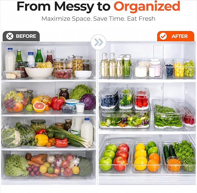 SMRCAD Refrigerator Organizers and Storage, 8 Pack with 1 Pull-Out Drawer and 7 Lidded Bins, Fruit Storage Containers for Fridge with Drain Trays, Helps Keep Produce Fresh