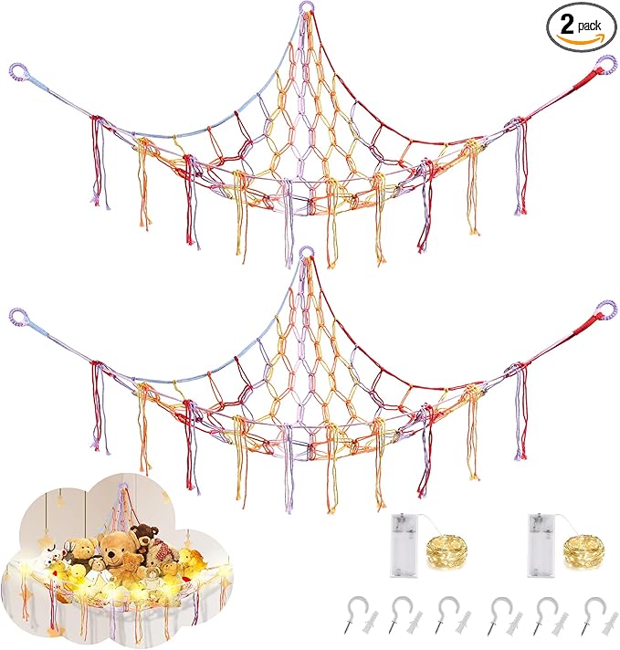CERETIA Stuffed Animal Hammock with LED Light, Large Stuffed Animals Storage Corner Plushie Net for Kids Room Decor, 2 Packs Rainbow