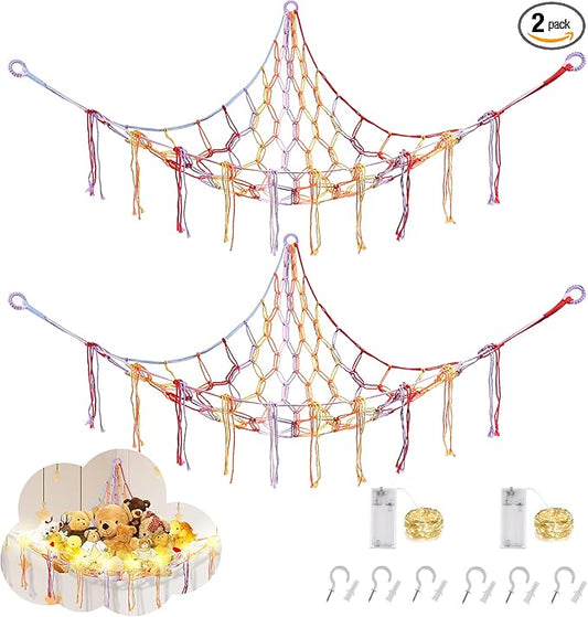 CERETIA Stuffed Animal Hammock with LED Light, Large Stuffed Animals Storage Corner Plushie Net for Kids Room Decor, 2 Packs Rainbow