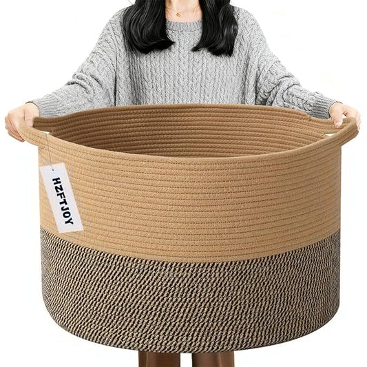 90L Large Blanket Basket,21.7"L x 21.7"W x 13.8"H Rope Woven Baskets with Handles, Toys Storage Bins,Laundry Basket Perfect for Living Room, Nursery,Bedroom,Home Organization,Jute&Black