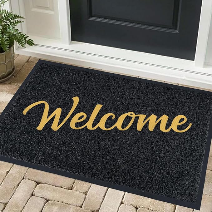 T.HENV Welcome Mat Outdoor Indoor, 36x24, Black-Gold, Waterproof, Non Slip, Easy Clean