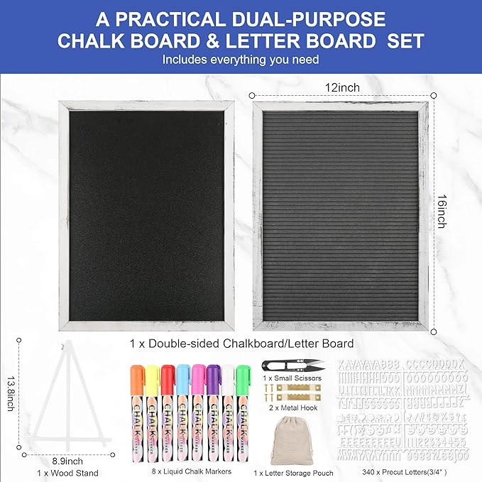 12x16 inch Double Sided Chalkboard and Felt Letter Board with Stand - Reversible Wooden Frame Easel for Menu, Announcements, Home, Office, Cafe, Restaurant Decor