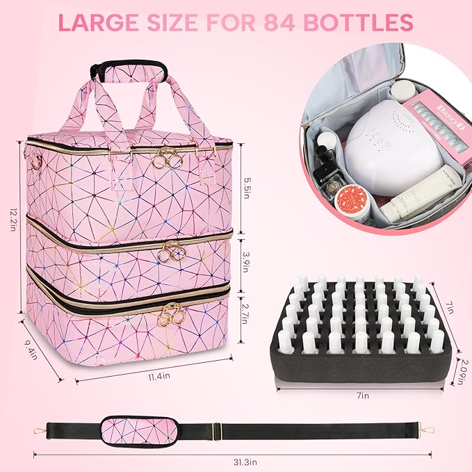 Nail Polish Organizer Bag Holds 84 Bottles & Nail Lamp, 3 Layers Nail Kit Storage Carrying Case Pu Leather, Large Nail Supplies Organizer With Shoulder Strap, Portable Travel Nail Bag,Pink