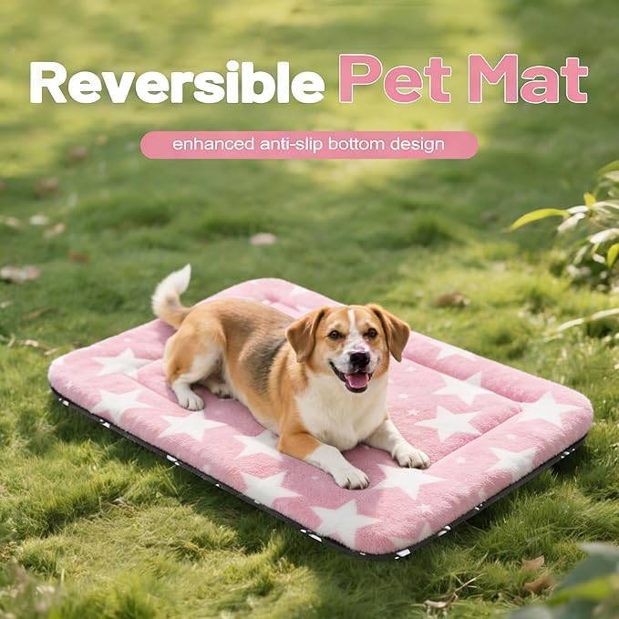 Fogkiss Dog Bed Mat, Reversible Crate Pad & Durable Dog Bed - Machine Washable Kennel Mat with Ultra Soft for Medium Dogs (Big&Small Stars Pink, 30" L*20" W*1.5" Th)