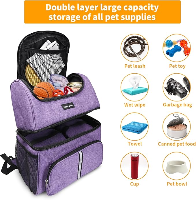 Txinrbaod Dog Travel Bag Airline Approved Pet Supplies Backpack with 2 Food Container Dog Bags for Traveling Camping Hiking Purple