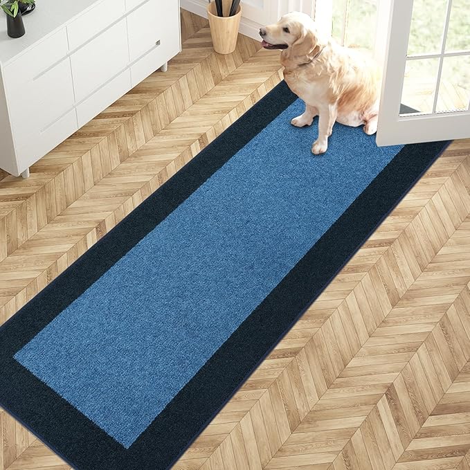 PURRUGS Dirt Trapping Door Mat 24" x 70", Non-Slip Machine Washable Entry Rug, Entrance Mat, Indoor Front Door Mat, Super Absorbent Entryway Rug for Muddy Shoes & Paws, Light Blue & Navy