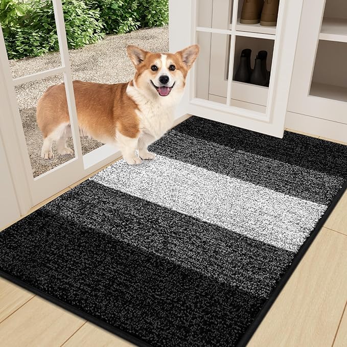 Smiry Dog Door Mat for Muddy Paws, Absorbs Moisture and Dirt, Low-Profile Entryway Mat with Non-Slip Backing, Entry Indoor Outdoor Doormat for Inside Floor (36x24 Inches, Black, Striped)