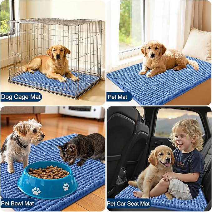 OLANLY Dog Door Mat for Muddy Paws 59x24, Ultra Absorbent Chenille Mud Doormat, Non-Slip Washable and Dirt Trapping Doormat for Indoor Entryway, Quick-Dry Indoor Pet Bed Mats for Dogs, Cornflower Blue