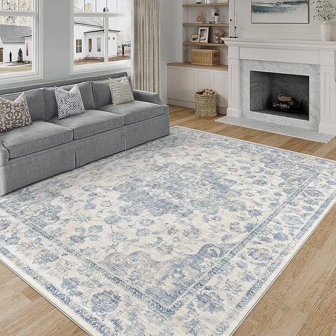 10x12 Neutral Area Rug Blue Vintage Living Room Bedroom Washable Carpet Non-Slip Soft Low Pile Farmhouse Indoor Large Throw Rug for Dining Room Office