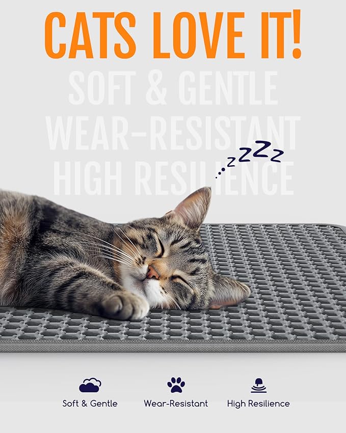 Cat Litter Mat - 30" x 24" Large Litter Box Mat with Double Layers, Urine-Proof and Non-Slip Litter Trapping Mat, Easy to Clean Kitty Litter Mats for Floor, Scatter Control, Grey