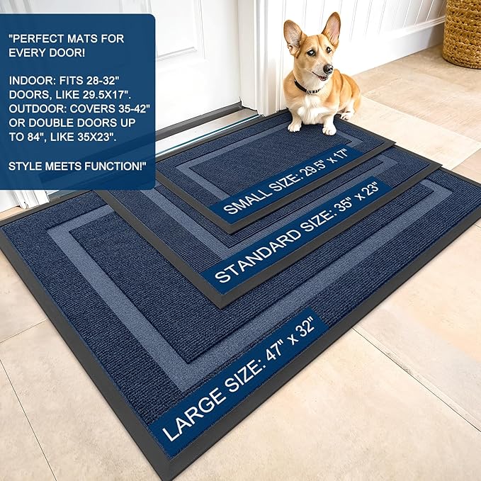 OLANLY Front Door Mat Indoor Outdoor Entrance, Waterproof All-Season, All-Weather Doormat, Sturdy Natural Rubber, Fade Resistant, Low Profile, Easy Clean Patio Porch Entryway Mat, 71x47, Blue