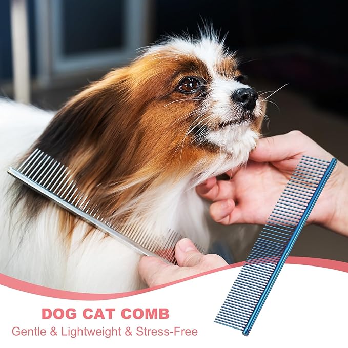 PETAXCELL Dog Cat Comb, Pet Combs Stainless Steel Teeth with Rounded Ends for Knots Mats Loose Hair Removal, 6.5/7.5IN (Blue Plated, 2 Pack), Grooming Tool Intended for Long Curly Hair Pet