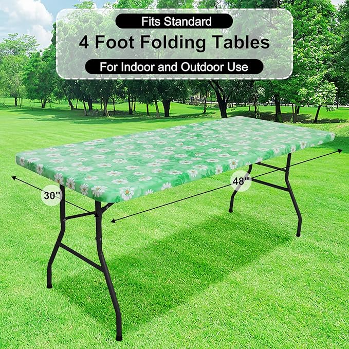 misaya Rectangle Vinyl Tablecloth, Fitted Table Cover, 100% Waterproof, Elastic Edge, Plastic Table Cloth Fit 4 Foot Folding Tables for Picnic, Camping, Outdoor (Green Daisy, 30x48 inch)
