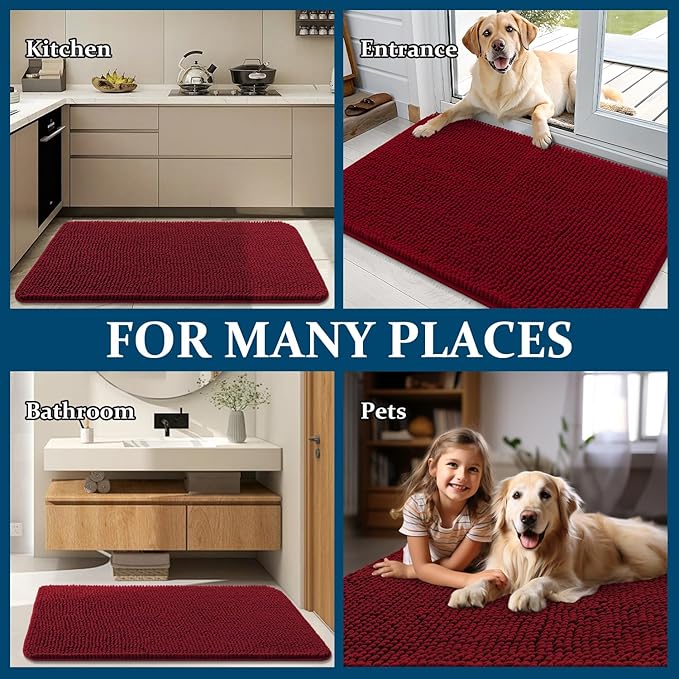 OLANLY Dog Door Mat for Muddy Paws 59x24, Absorbs Moisture and Dirt, Absorbent Non-Slip Washable Doormat, Quick Dry Chenille Mud Mat for Dogs, Entry Indoor Entryway Carpet for Inside Floor, Red