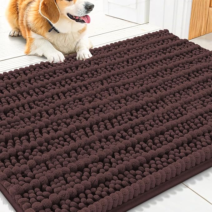 Smiry Dog Door Mat for Muddy Paws 30x20, Extra Soft Absorbent Chenille Doormat, Trap Moisture and Dirt, Non-Slip Machine Washable Front Door Mat for Indoor Entrance Inside Floor, Brown