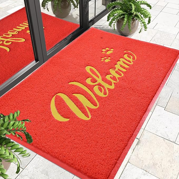 T.HENV Welcome Mat - Outdoor, 36x24 Waterproof All-Season Door Mat, All-Weather Quick Drying, Low Profile, Red-Gold