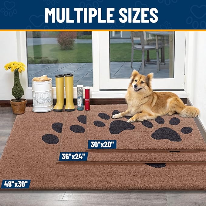 Smiry Dog Door Mat for Muddy Paws, Absorbs Moisture and Dirt, Low-Profile Entryway Mat with Non-Slip Backing, Entry Indoor Outdoor Doormat for Inside Floor (30x20 Inches, Camel and Black, Paw)