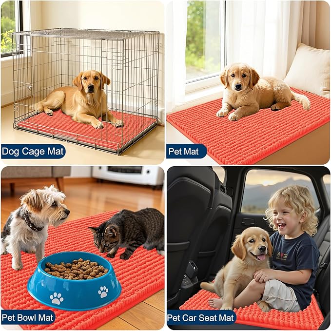 OLANLY Dog Door Mat for Muddy Paws 70x24, Ultra Absorbent Chenille Mud Doormat, Non-Slip Washable and Dirt Trapping Doormat for Indoor Entryway, Quick-Dry Indoor Pet Bed Mats for Dogs, Coral