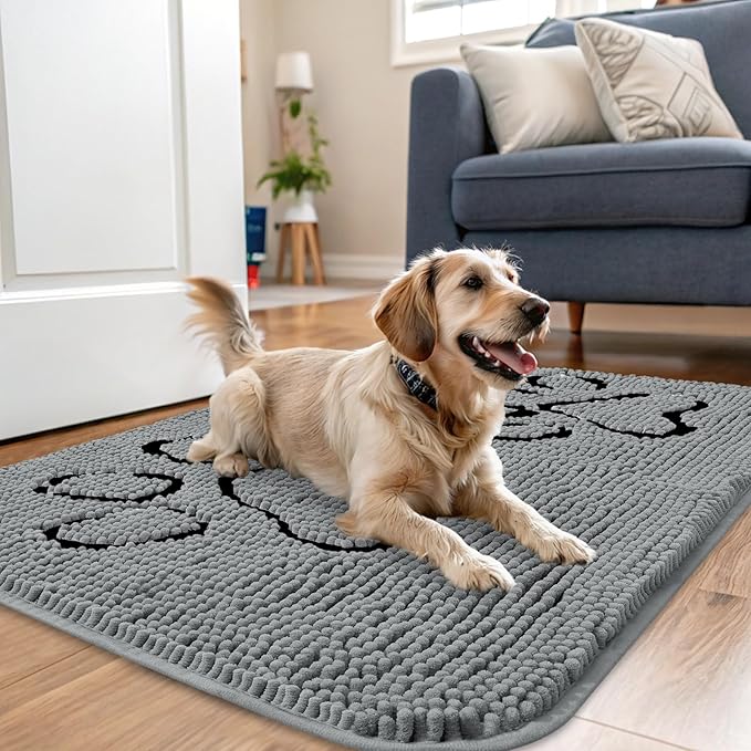 OLANLY Dog Door Mat for Muddy Paws 32x20, Double Paw Print Design, Absorbs Moisture and Dirt, Absorbent Non-Slip Washable Doormat, Quick Dry Chenille Mud Mat for Dogs, Indoor Entryway Carpet, Grey