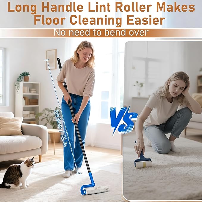 10" Large Lint Roller for Pet Hair Extra Sticky, Floor Lint Rollers Long Handle with Big Lint Rollers Refills for Couch Carpets Furniture Wall Clothing Floor Cleaning, Blue