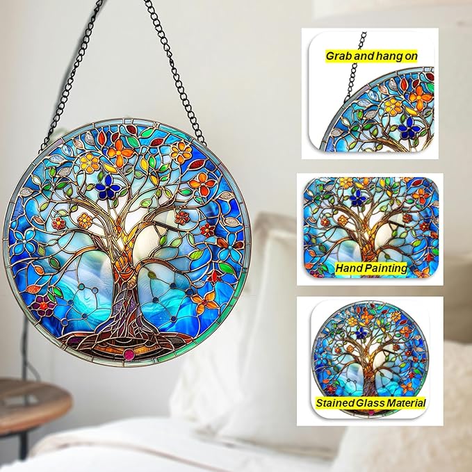 Tree of Life Suncatcher 8 Inch Stained Glass Window Hanging Diamond Chain Hooks – Indoor/Outdoor Wall Art Home Décor -Gift for Women Men Valentine's Day Thanksgiving Ornaments Festival Gifts