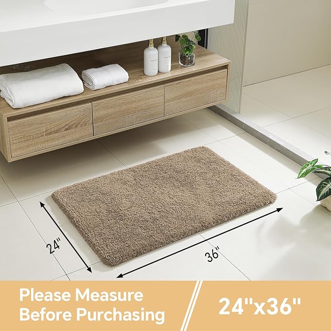 Light Brown Bathroom Rugs 24"x36" - Fluffy Microfiber Bath Mat, Non Slip and Absorbent Bathroom Floor Mat, Machine Washable Plush Rug - Ideal for Tub, Cabinet or Washroom