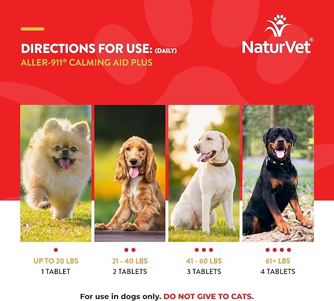 NaturVet Aller-911 Calming Aid & Allergy Aid Dog Supplement – Helps Reduce Stress, Minimize Seasonal Allergy Symptoms, Tension, Excessive Scratching - Includes Melatonin – 30 Ct.