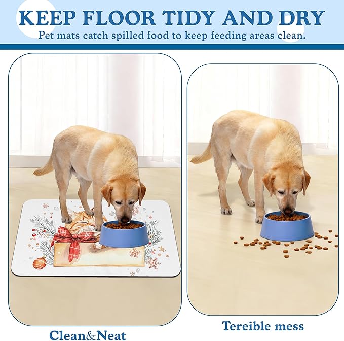 Cat Dog Cat Food Mat–Christmas Stocking Absorbent Waterproof Placemat for Food and Water Bowls, Non Slip Rubber Backing, Feeding Mat for Clean Floors 16"x24"