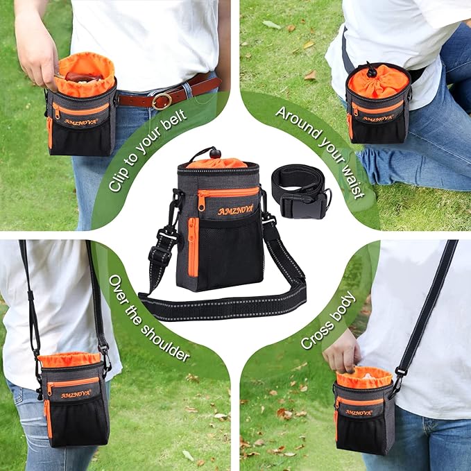 AMZNOVA Dog Treat Bag Treatkit Dog Treat Pouch, Waist Clip On Crossbody Fanny Pack for Pet, Training Pouch with Shoulder Strap & Waist Belt for Walking & Training, 6Cups, Heather Black