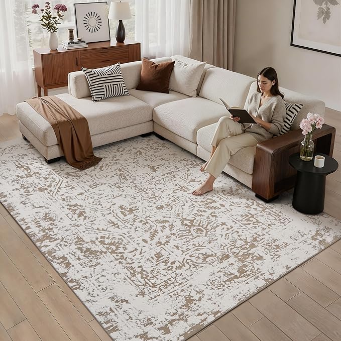 6x9 Fluffy Area Rug Brown Shag Neutral Carpet for Living Room Soft Medium Pile Floral Rug for Bedroom Dorm Office Dining Room Kitchen Nursery Modern Decor