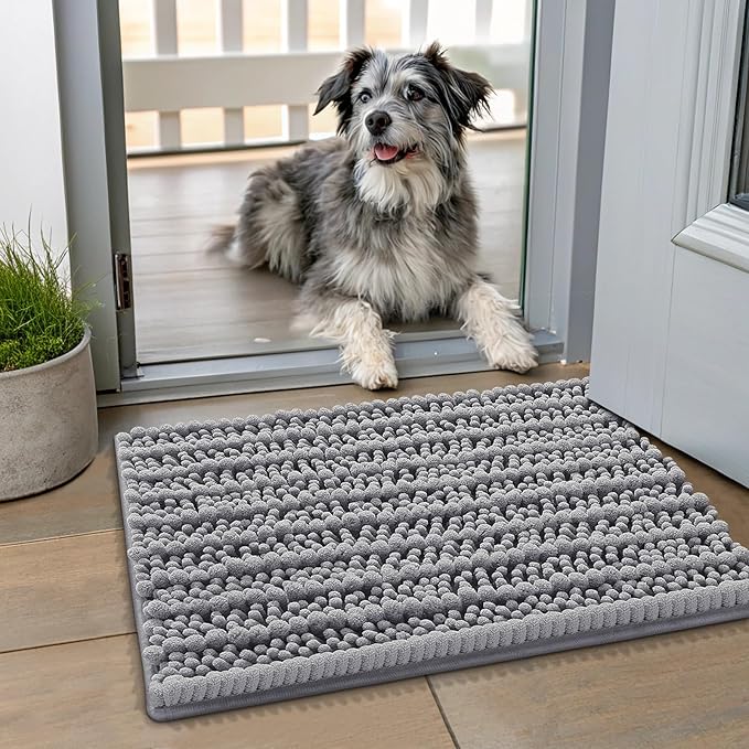 Smiry Dog Door Mat for Muddy Paws 24x16, Extra Soft Absorbent Chenille Doormat, Trap Moisture and Dirt, Non-Slip Machine Washable Front Door Mat for Indoor Entrance Inside Floor, Grey