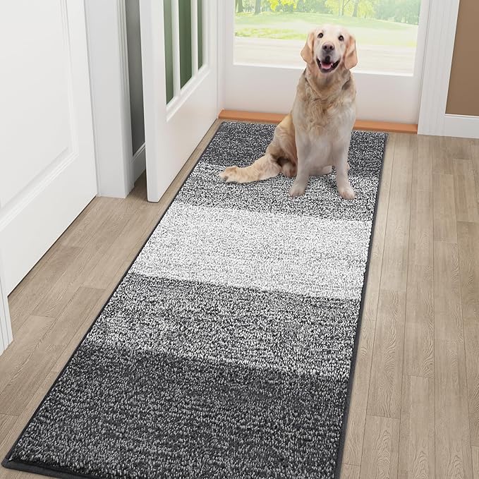 Smiry Dog Door Mat for Muddy Paws, Absorbs Moisture and Dirt, Low-Profile Entryway Mat with Non-Slip Backing, Entry Indoor Outdoor Doormat for Inside Floor (48x32 Inches, Grey, Striped)
