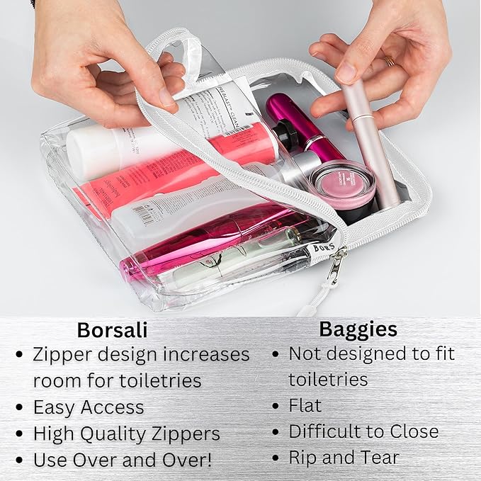 BORSALI TSA Approved Toiletry Bag - Clear Quart Size for 3-1-1 Carry On Travel - Makeup Organizer Cosmetic Pouch with Zipper - Travel Accessories - Set of 3