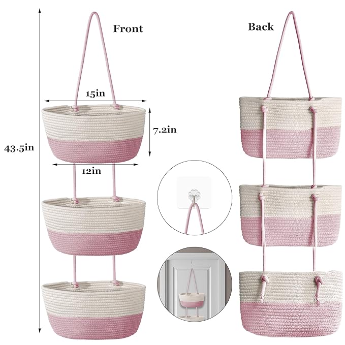3 Tier Woven Hanging Basket, Wall Mounted Decorative Kitchen Storage Organiser Bag, Baby Closet Storage Basket With Hooks for Door Mounted Wall (White & Pink)