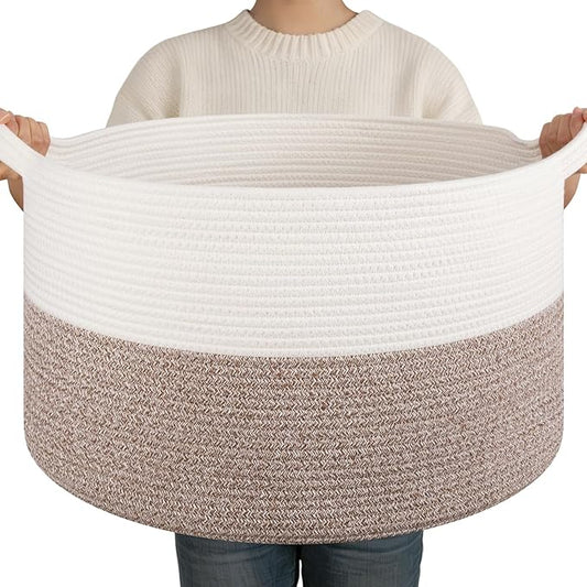 OIAHOMY Large Blanket Basket for Living Room, 19.7" x 12.6" Woven Cotton Rope Laundry Basket for Organizing Pillows, Decorative Stuffed Animal Toy Storage for Nursery, White and Linen Brown