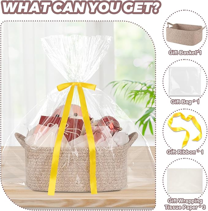 OIASKET Basket for Gifts Empty, Woven Storage Basket with Gift Bag, Ribbon and Wrap Tissue Paper, Small Rope Toy Storage with Handles for Baby Shower, Dog Toy Organizer, 13.6" x 10" x 5.9”