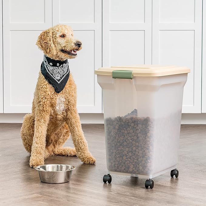 IRIS USA 58 Lbs / 67 Qt WeatherPro Airtight Pet Food Storage Container with Attachable Casters, For Dog Cat Bird and Other Pet Food Storage Bin, Keep Fresh, Translucent Body, Almond/Clear