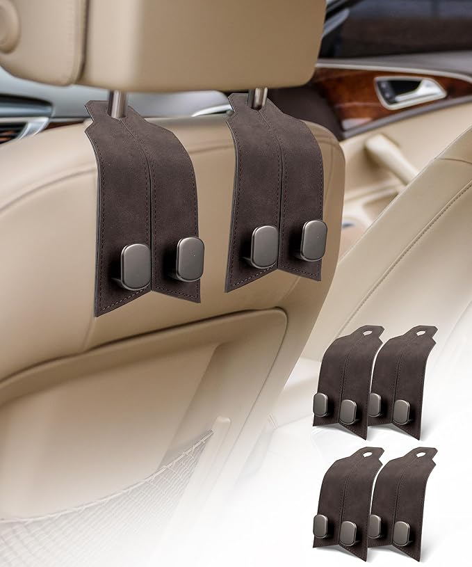 Purse Hook for Car, 4 Pack Headrest Hooks for Car 100% Metal & Premium Leather 2025 Latest, Auto Hanger & Holder for heatrest,seat,Bag,Purse (Brown)