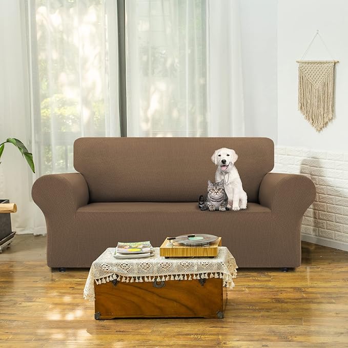 LURKA Stretch Loveseat Sofa Slipcovers 1 Piece Couch Covers for Sofa Furniture Protector Full Sofa Covers with Elastic Bottom for Kids and Dog (Camel, Medium)