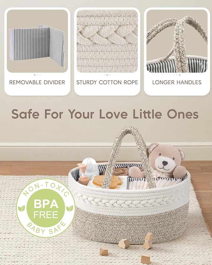 Maliton Extra Large Diaper Caddy Organizer, Cotton Rope Nursery Basket, Portable Organizer for Changing Table, Car, Diaper Storage for Baby Stuff for Newborn
